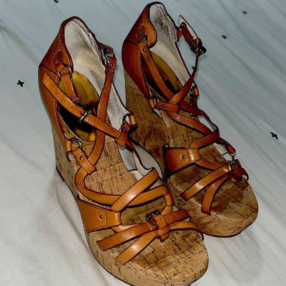 MICHAEL  Michael Kors 'Cyndi' Leather Strappy Cork Wedge Sandals